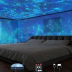 Galaxy star projector night lamp glowing in a dark bedroom