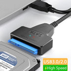 SATA to USB 3.0 adapter cable connected to a 2.5 inch SSD