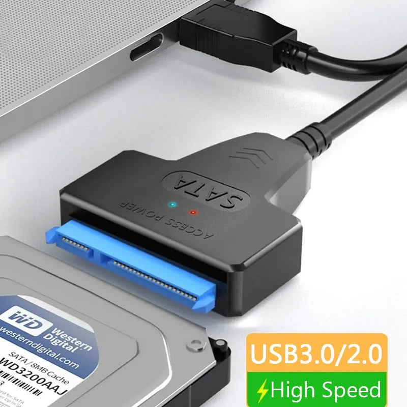 SATA to USB 3.0 adapter cable connected to a 2.5 inch SSD