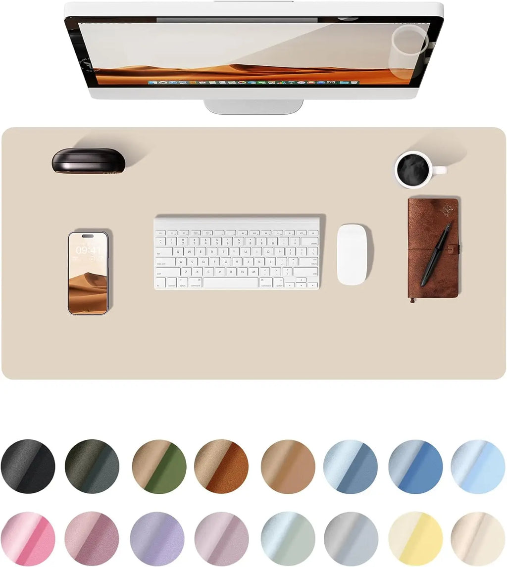 Large PU leather desk mat under a keyboard and mouse
