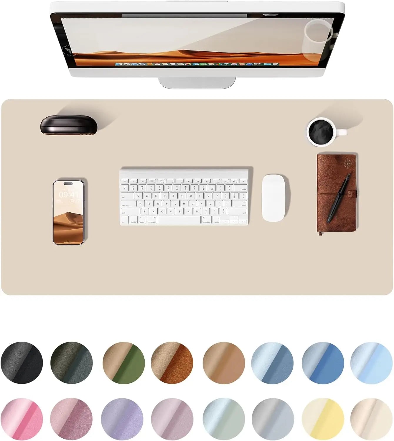 Large PU leather desk mat under a keyboard and mouse