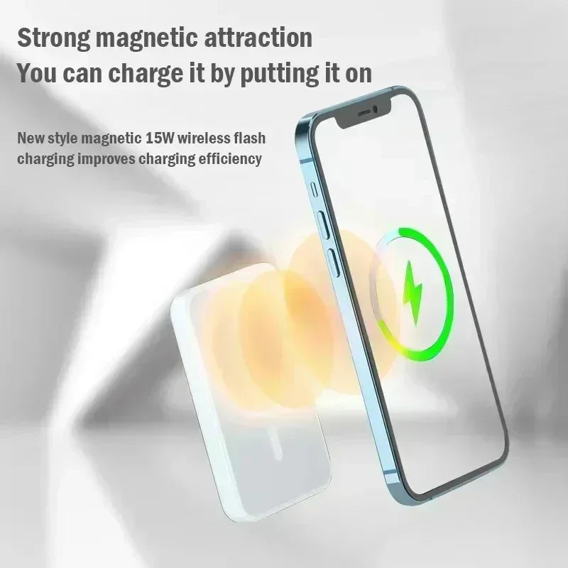 Magnetic power bank charging a phone in a bag on the move