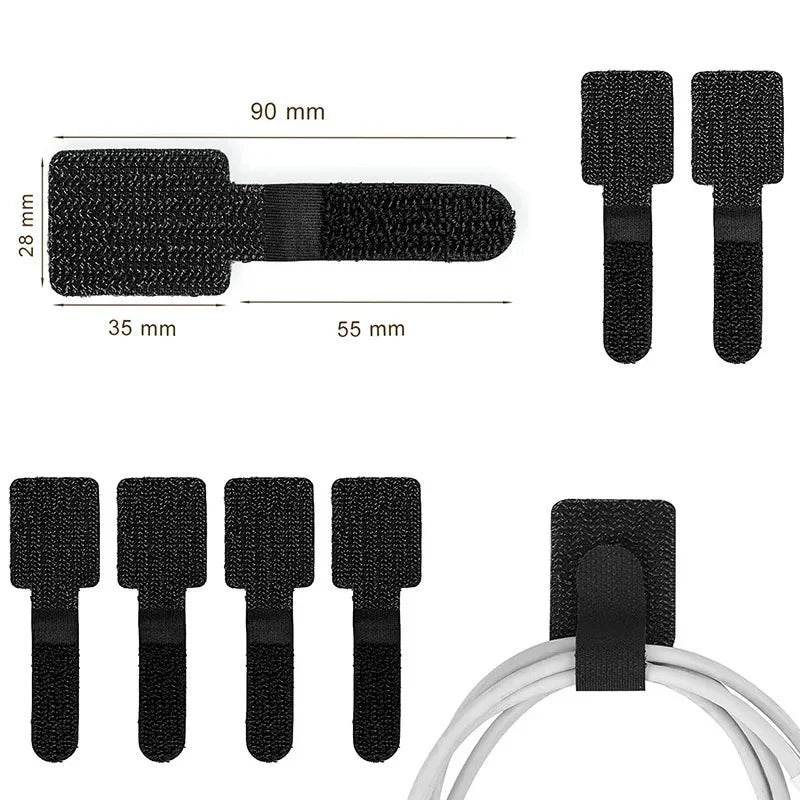 Reusable adhesive cable management straps holding desk cables