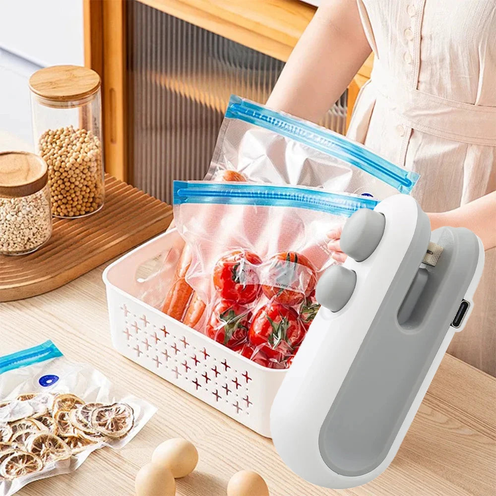 Mini rechargeable handheld bag sealer resealing a snack bag
